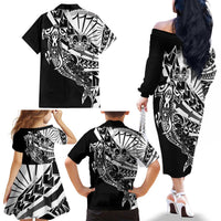 Black White Marquesas Islands Family Matching Off The Shoulder Long Sleeve Dress and Hawaiian Shirt Marquesan Matatiki Hammerhead Shark Patutiki LT14 - Polynesian Pride