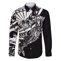 Black White Marquesas Islands Family Matching Off The Shoulder Long Sleeve Dress and Hawaiian Shirt Marquesan Matatiki Hammerhead Shark Patutiki LT14 Dad's Shirt - Long Sleeve Black - Polynesian Pride