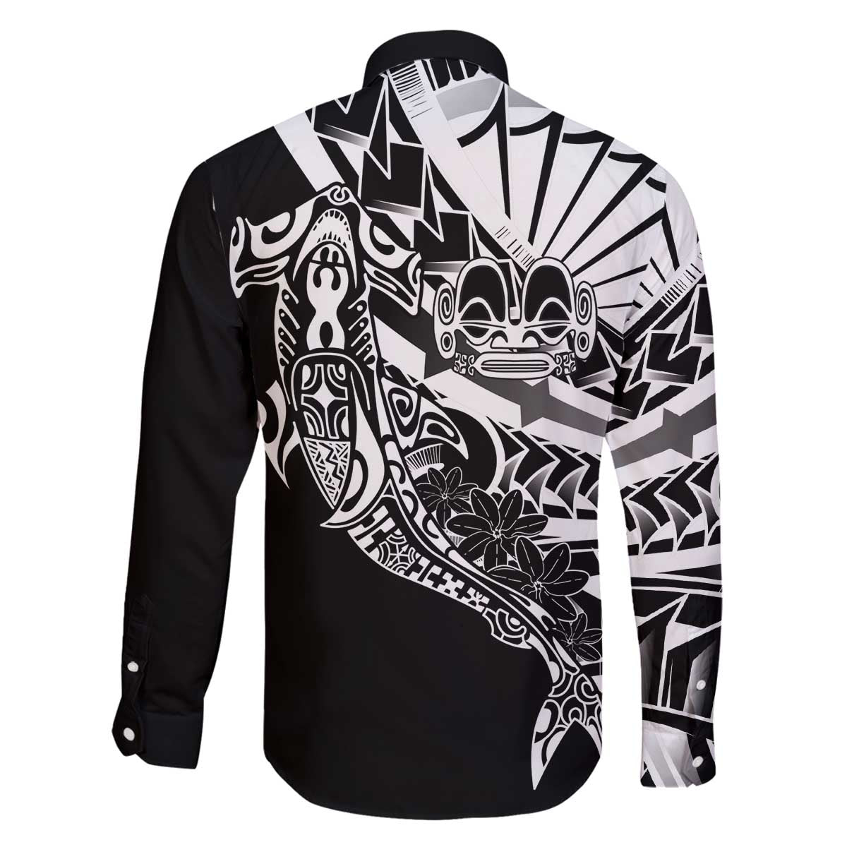 Black White Marquesas Islands Family Matching Off The Shoulder Long Sleeve Dress and Hawaiian Shirt Marquesan Matatiki Hammerhead Shark Patutiki LT14 - Polynesian Pride