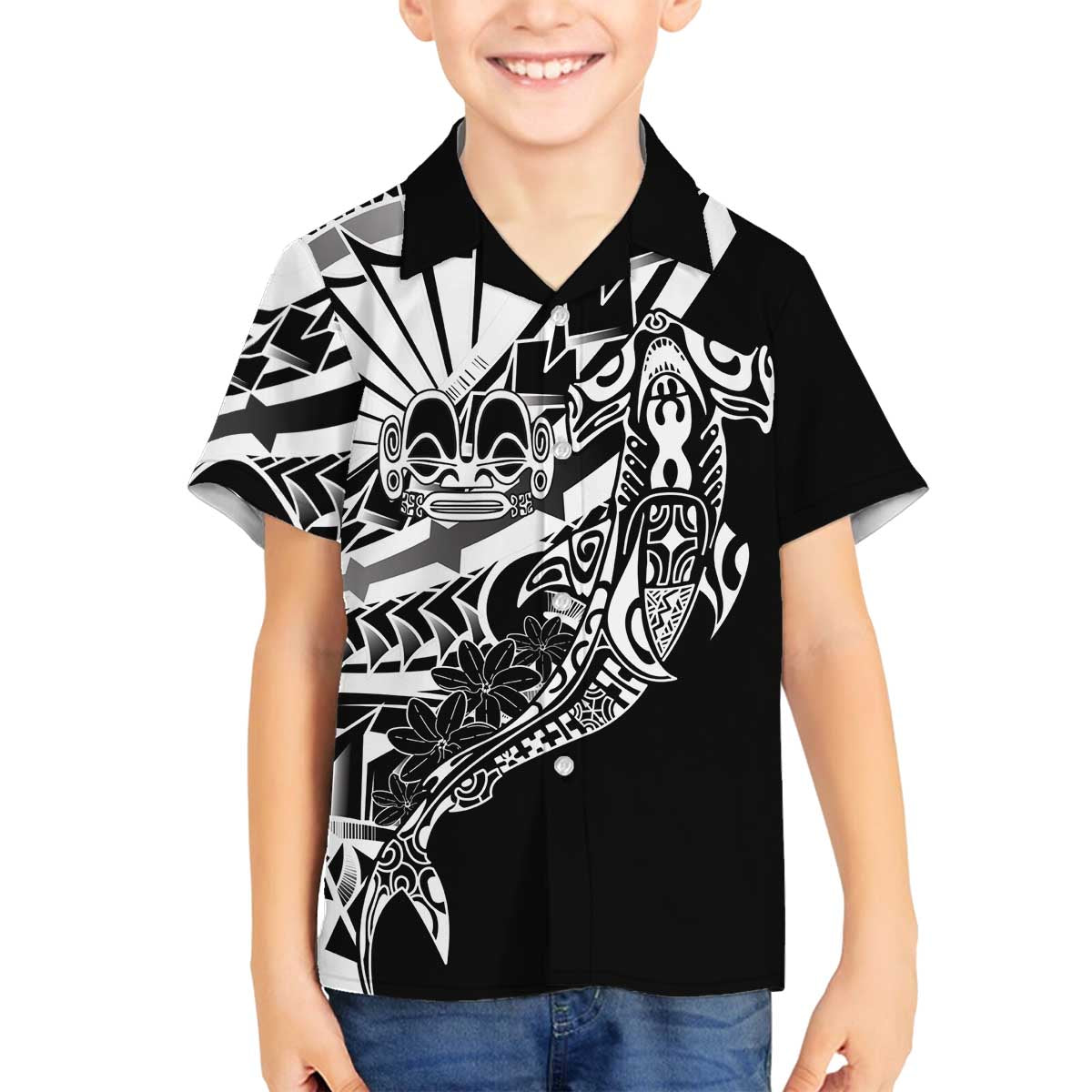 Black White Marquesas Islands Family Matching Off The Shoulder Long Sleeve Dress and Hawaiian Shirt Marquesan Matatiki Hammerhead Shark Patutiki LT14 Son's Shirt Black - Polynesian Pride