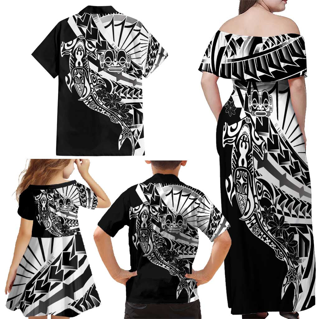 Black White Marquesas Islands Family Matching Off Shoulder Maxi Dress and Hawaiian Shirt Marquesan Matatiki Hammerhead Shark Patutiki LT14 - Polynesian Pride