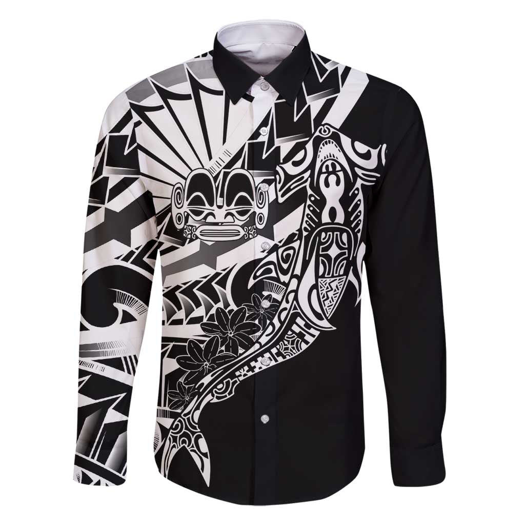 Black White Marquesas Islands Family Matching Off Shoulder Maxi Dress and Hawaiian Shirt Marquesan Matatiki Hammerhead Shark Patutiki LT14 Dad's Shirt - Long Sleeve Black - Polynesian Pride