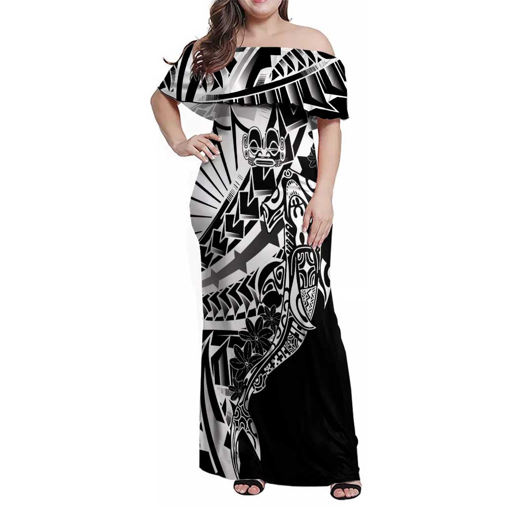 Black White Marquesas Islands Family Matching Off Shoulder Maxi Dress and Hawaiian Shirt Marquesan Matatiki Hammerhead Shark Patutiki LT14 Mom's Dress Black - Polynesian Pride