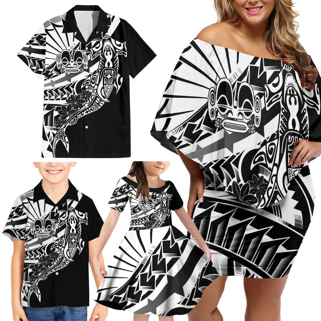 Black White Marquesas Islands Family Matching Off Shoulder Short Dress and Hawaiian Shirt Marquesan Matatiki Hammerhead Shark Patutiki LT14 - Polynesian Pride