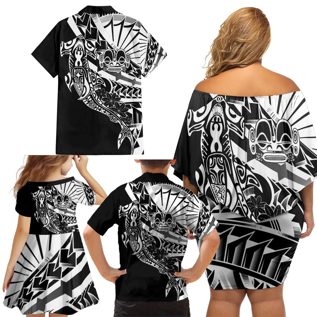 Black White Marquesas Islands Family Matching Off Shoulder Short Dress and Hawaiian Shirt Marquesan Matatiki Hammerhead Shark Patutiki LT14 - Polynesian Pride