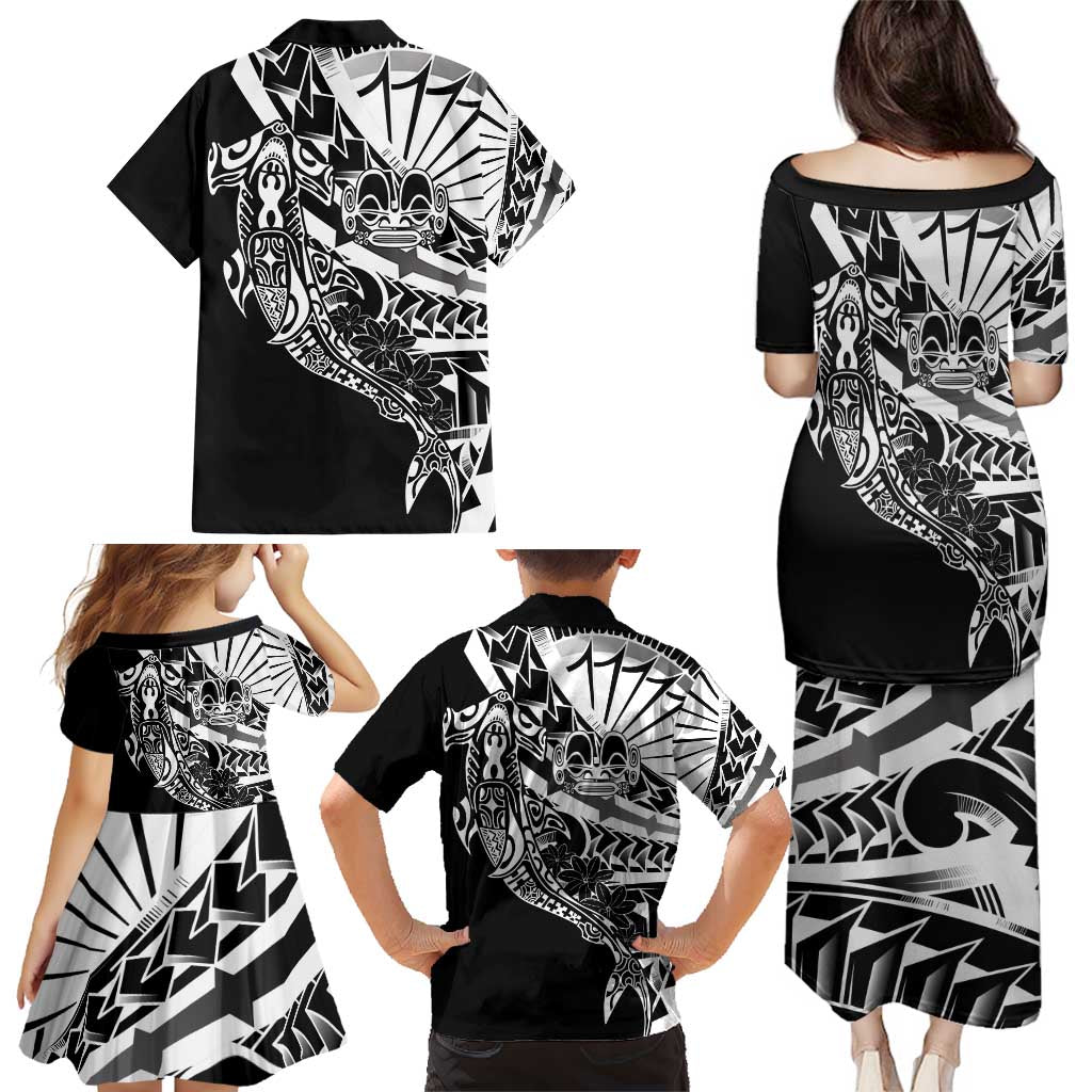 Black White Marquesas Islands Family Matching Puletasi and Hawaiian Shirt Marquesan Matatiki Hammerhead Shark Patutiki - Polynesian Pride