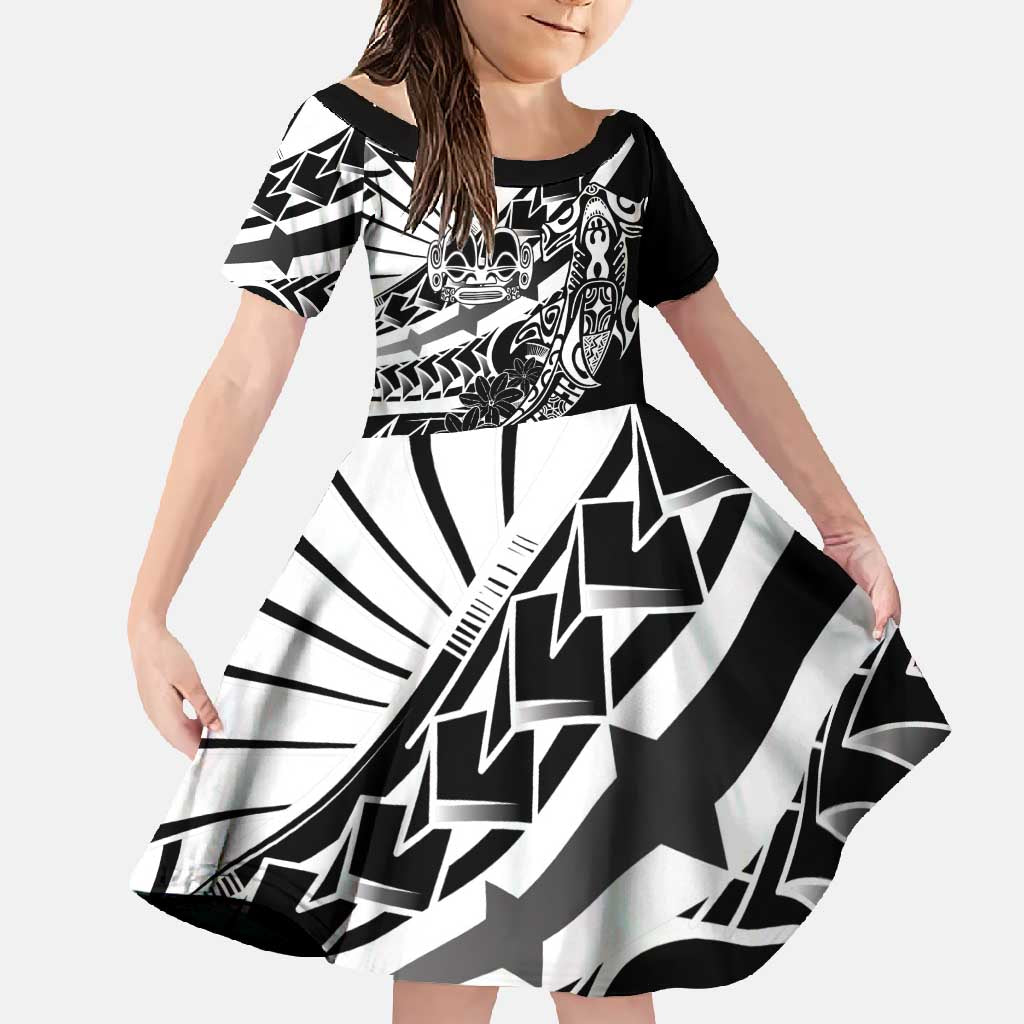 Black White Marquesas Islands Family Matching Short Sleeve Bodycon Dress and Hawaiian Shirt Marquesan Matatiki Hammerhead Shark Patutiki LT14 Daughter's Dress Black - Polynesian Pride