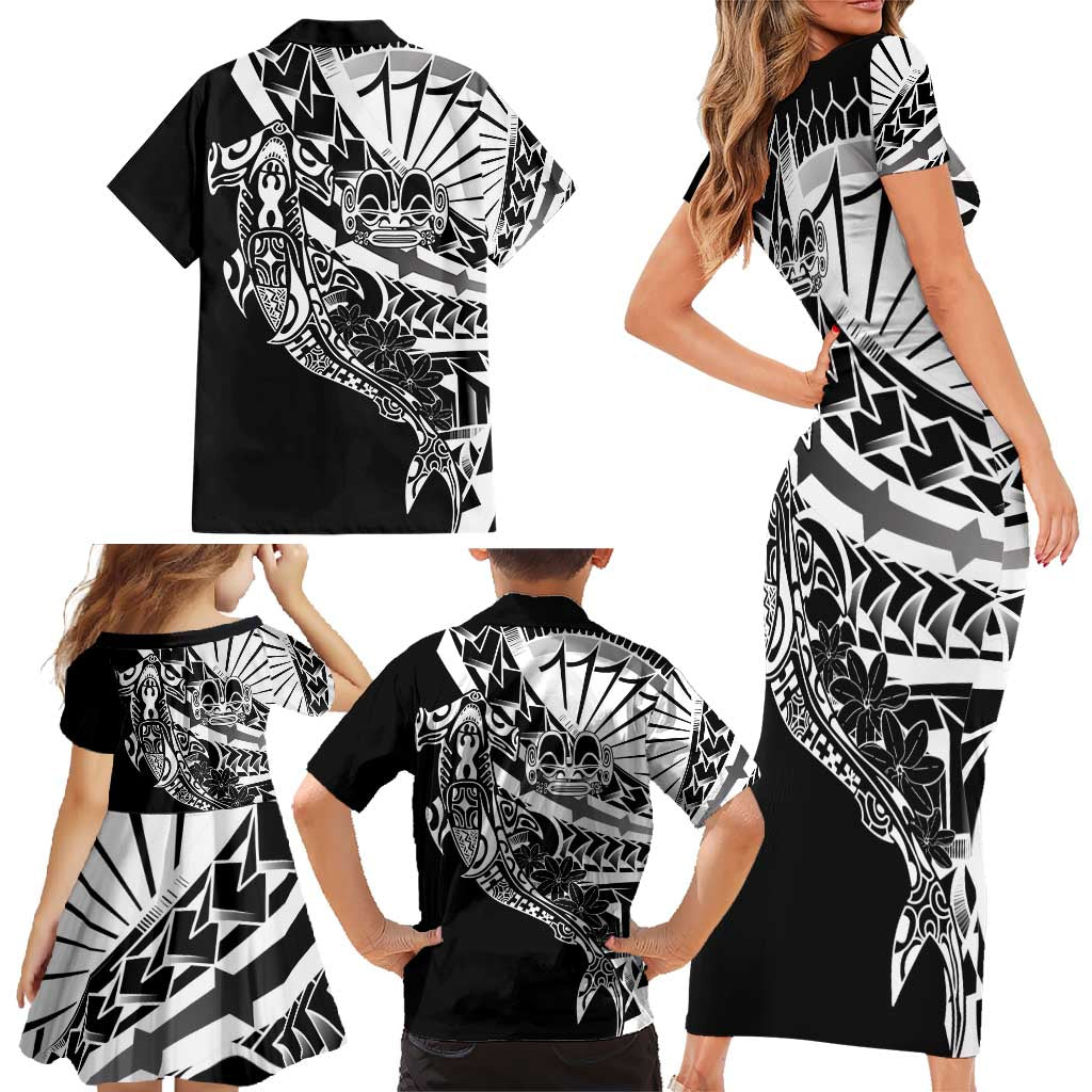 Black White Marquesas Islands Family Matching Short Sleeve Bodycon Dress and Hawaiian Shirt Marquesan Matatiki Hammerhead Shark Patutiki LT14 - Polynesian Pride
