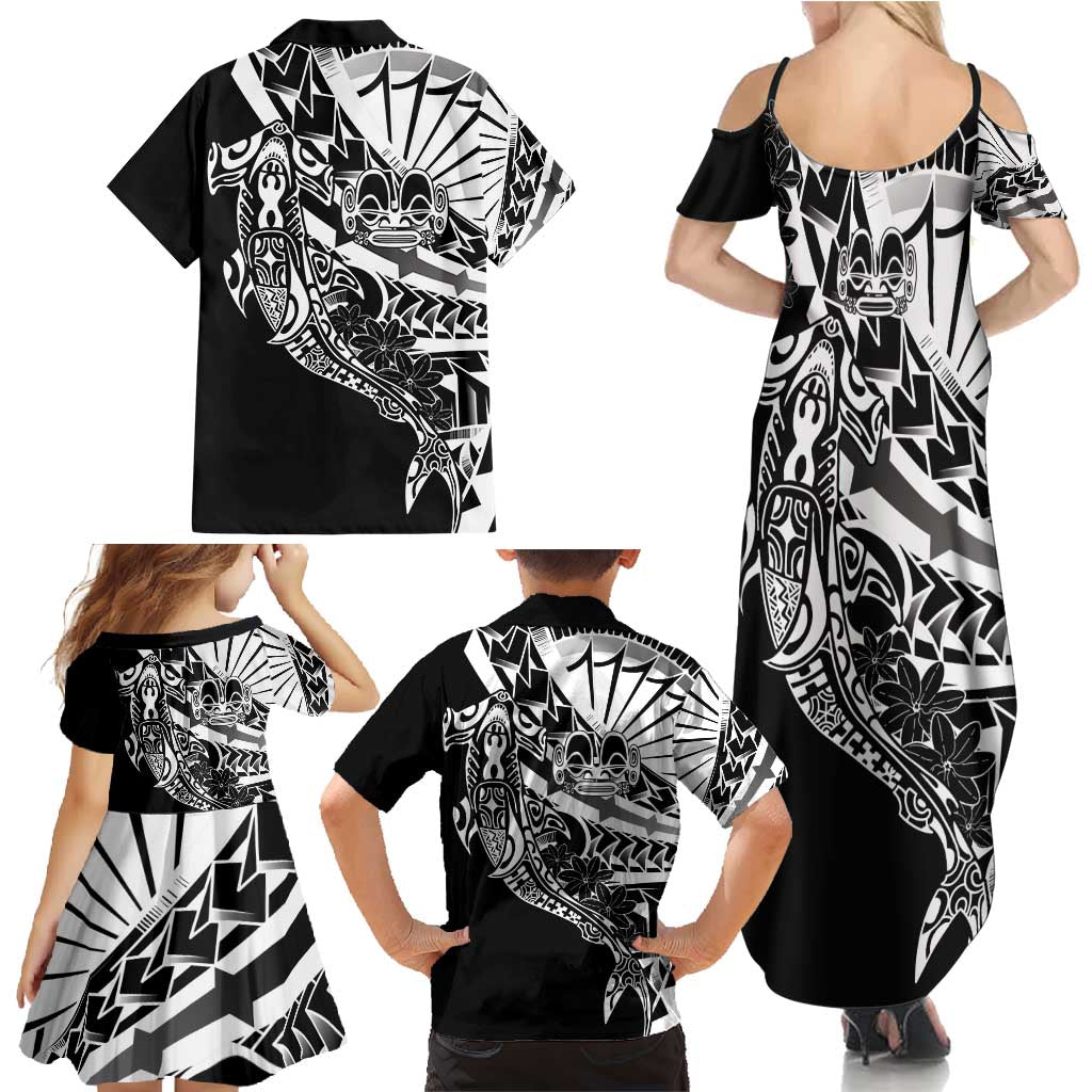 Black White Marquesas Islands Family Matching Summer Maxi Dress and Hawaiian Shirt Marquesan Matatiki Hammerhead Shark Patutiki LT14 - Polynesian Pride