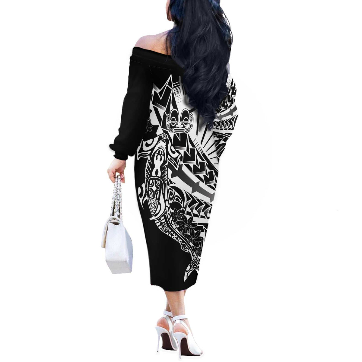 Black White Marquesas Islands Off The Shoulder Long Sleeve Dress Marquesan Matatiki Hammerhead Shark Patutiki LT14 - Polynesian Pride
