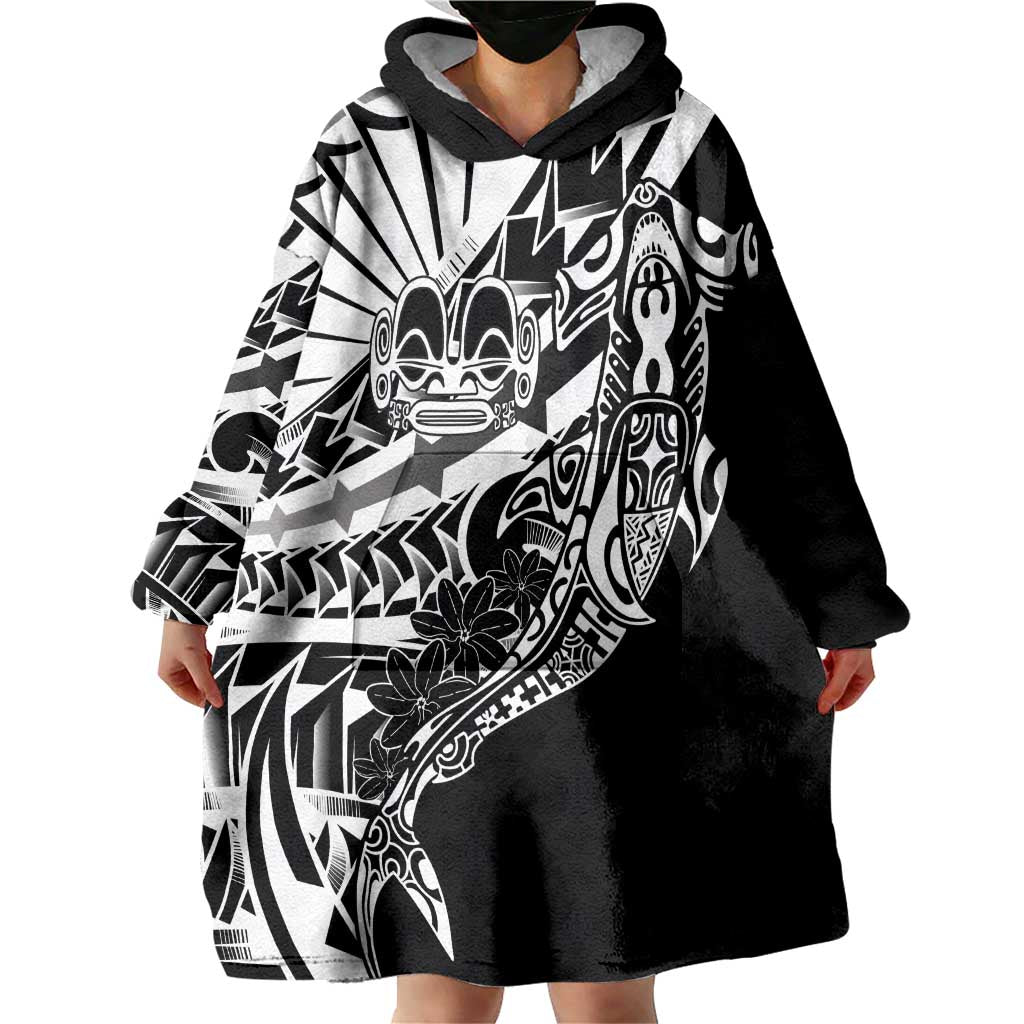 Black White Marquesas Islands Wearable Blanket Hoodie Marquesan Matatiki Hammerhead Shark Patutiki LT14 - Polynesian Pride