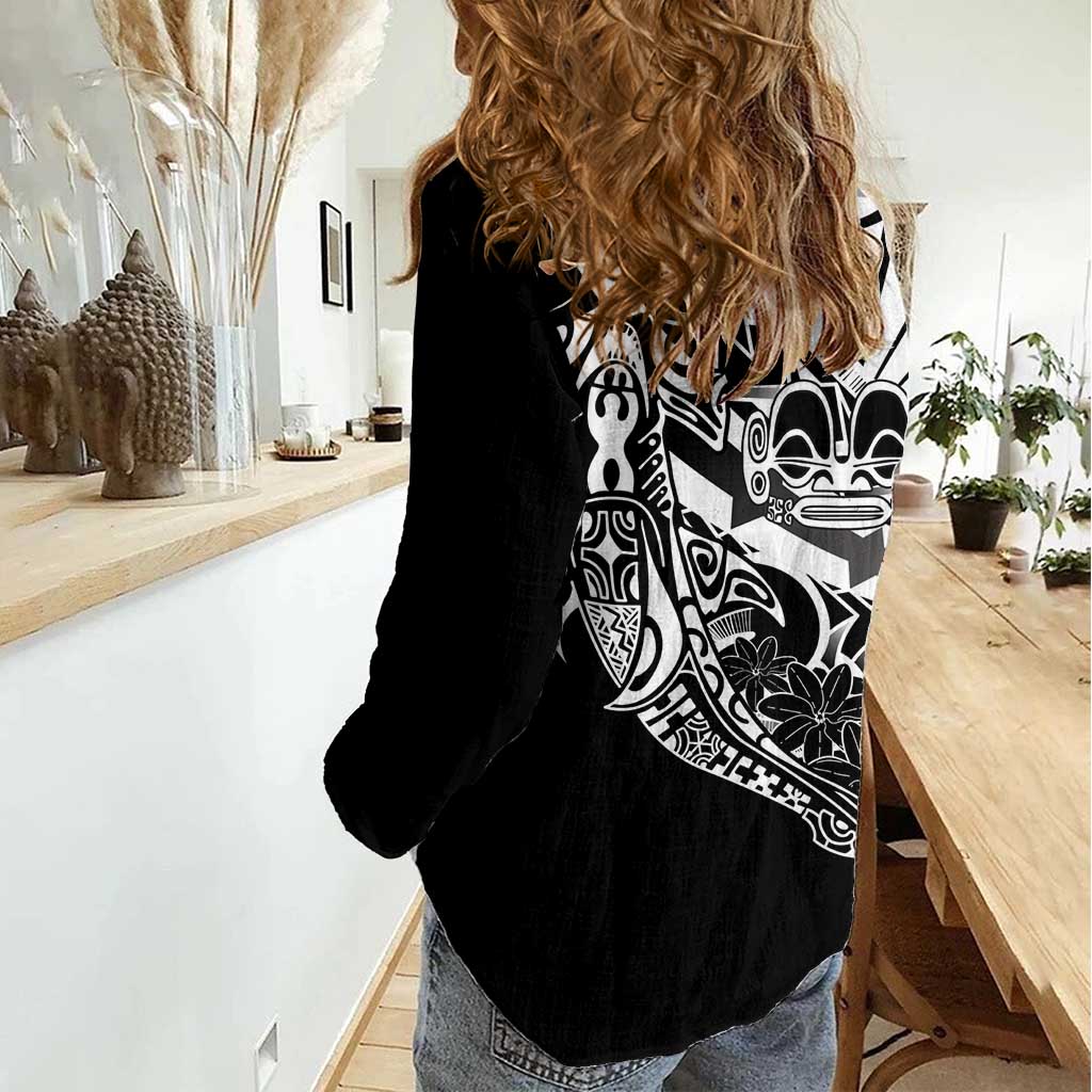 Black White Marquesas Islands Women Casual Shirt Marquesan Matatiki Hammerhead Shark Patutiki LT14 - Polynesian Pride