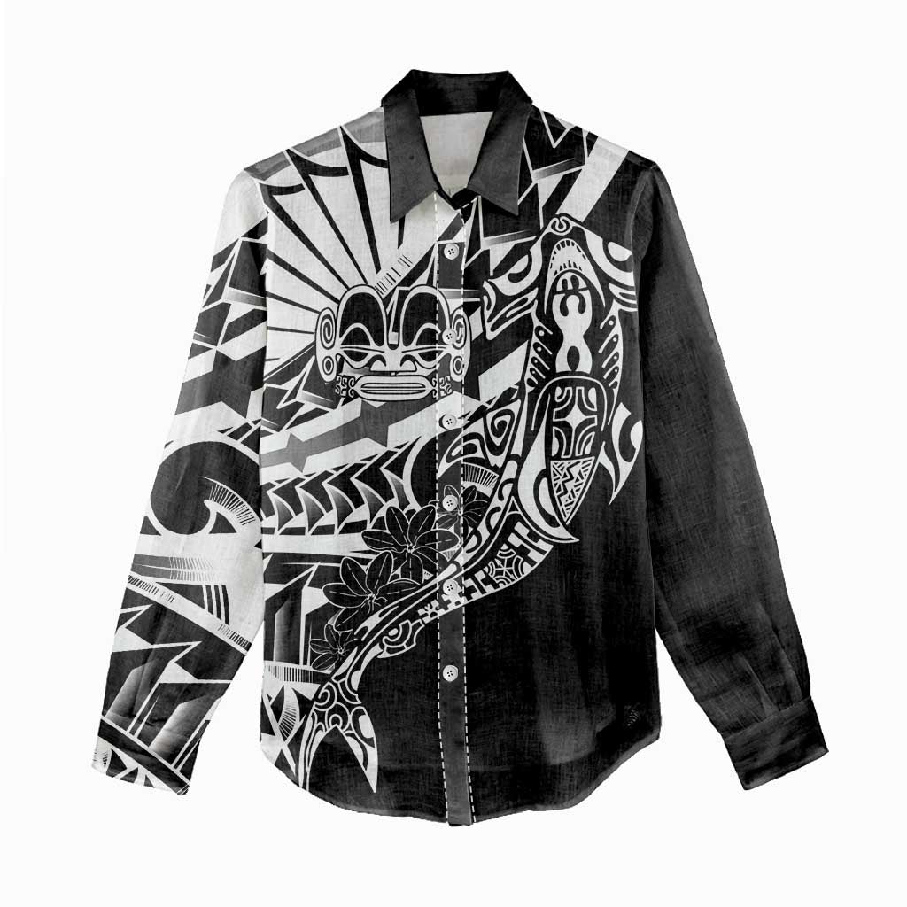 Black White Marquesas Islands Women Casual Shirt Marquesan Matatiki Hammerhead Shark Patutiki LT14 - Polynesian Pride