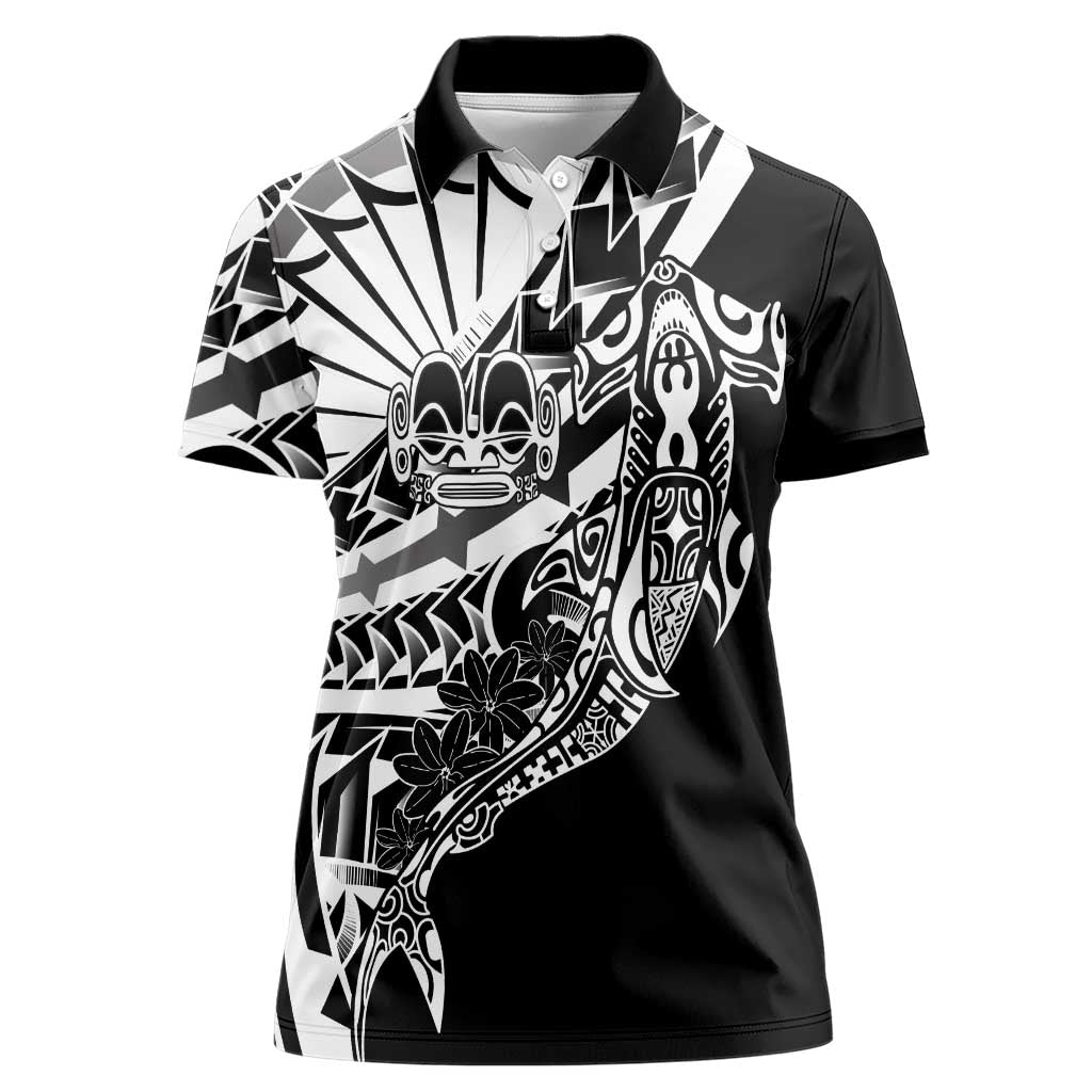 Black White Marquesas Islands Women Polo Shirt Marquesan Matatiki Hammerhead Shark Patutiki LT14 Female Black - Polynesian Pride