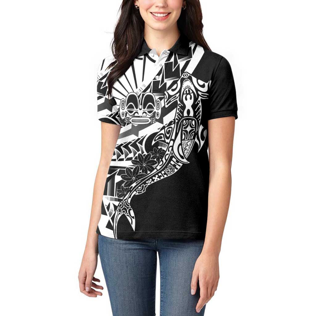 Black White Marquesas Islands Women Polo Shirt Marquesan Matatiki Hammerhead Shark Patutiki LT14 - Polynesian Pride