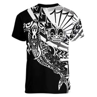 Black White Marquesas Islands Women V-Neck T-Shirt Marquesan Matatiki Hammerhead Shark Patutiki LT14 - Polynesian Pride