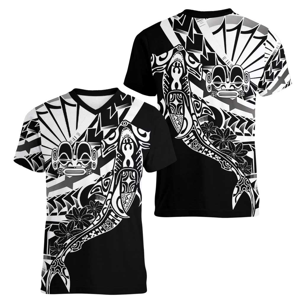Black White Marquesas Islands Women V-Neck T-Shirt Marquesan Matatiki Hammerhead Shark Patutiki LT14 - Polynesian Pride