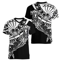 Black White Marquesas Islands Women V-Neck T-Shirt Marquesan Matatiki Hammerhead Shark Patutiki LT14 - Polynesian Pride
