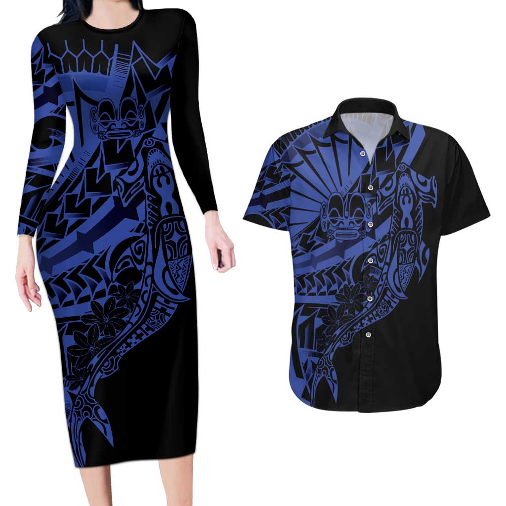Blue Marquesas Islands Couples Matching Long Sleeve Bodycon Dress and Hawaiian Shirt Marquesan Matatiki Hammerhead Shark Patutiki - Polynesian Pride