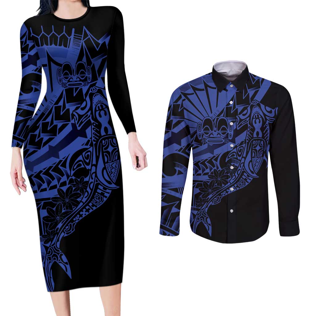 Blue Marquesas Islands Couples Matching Long Sleeve Bodycon Dress and Long Sleeve Button Shirt Marquesan Matatiki Hammerhead Shark Patutiki - Polynesian Pride