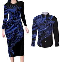 Blue Marquesas Islands Couples Matching Long Sleeve Bodycon Dress and Long Sleeve Button Shirt Marquesan Matatiki Hammerhead Shark Patutiki - Polynesian Pride