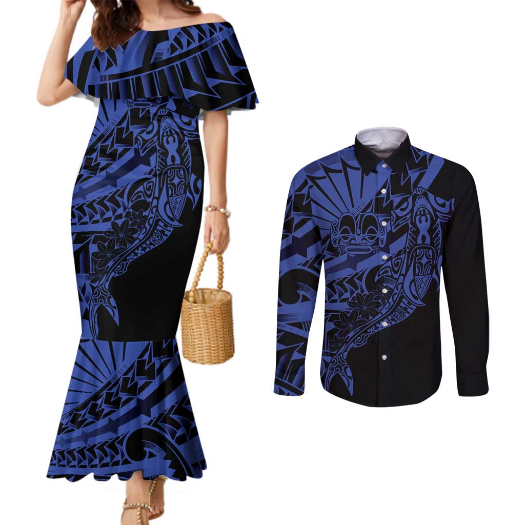 Blue Marquesas Islands Couples Matching Mermaid Dress and Long Sleeve Button Shirt Marquesan Matatiki Hammerhead Shark Patutiki - Polynesian Pride
