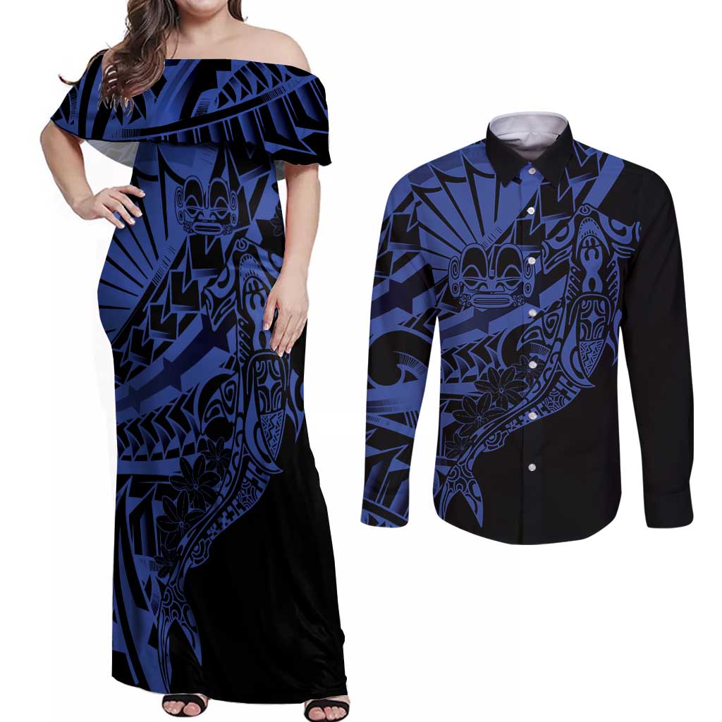 Blue Marquesas Islands Couples Matching Off Shoulder Maxi Dress and Long Sleeve Button Shirt Marquesan Matatiki Hammerhead Shark Patutiki LT14 Blue - Polynesian Pride