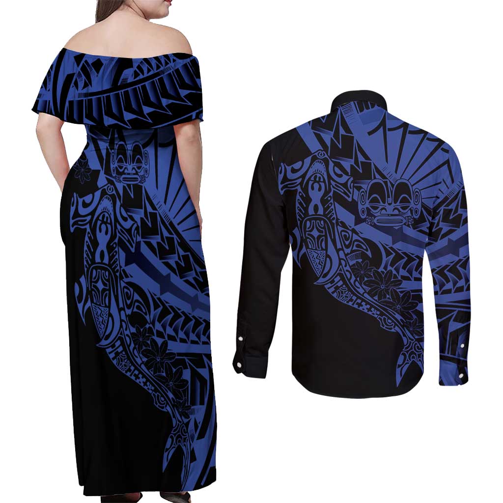 Blue Marquesas Islands Couples Matching Off Shoulder Maxi Dress and Long Sleeve Button Shirt Marquesan Matatiki Hammerhead Shark Patutiki LT14 - Polynesian Pride
