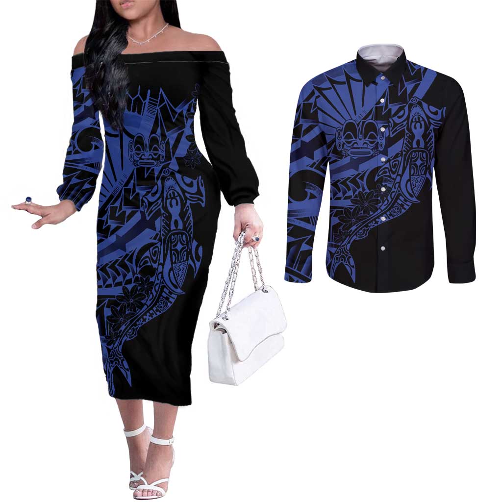 Blue Marquesas Islands Couples Matching Off The Shoulder Long Sleeve Dress and Long Sleeve Button Shirt Marquesan Matatiki Hammerhead Shark Patutiki - Polynesian Pride