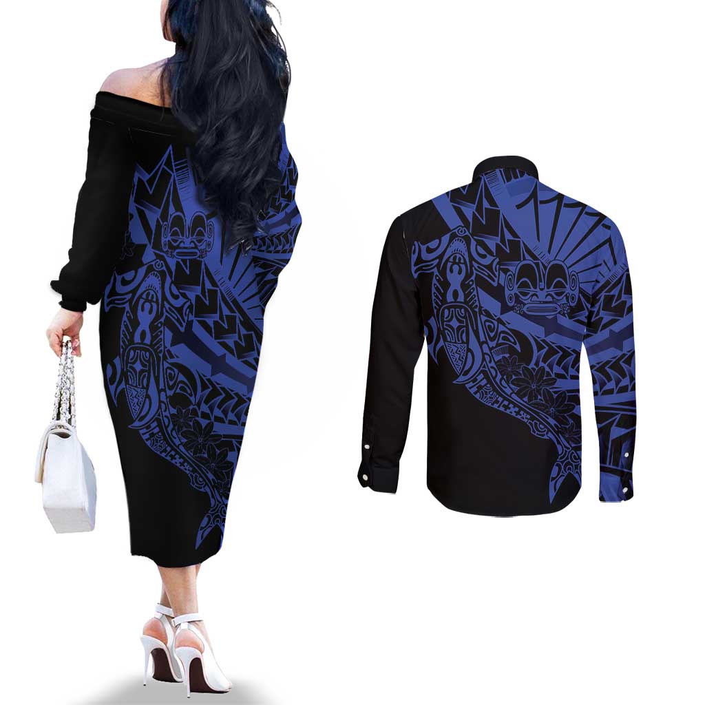 Blue Marquesas Islands Couples Matching Off The Shoulder Long Sleeve Dress and Long Sleeve Button Shirt Marquesan Matatiki Hammerhead Shark Patutiki - Polynesian Pride