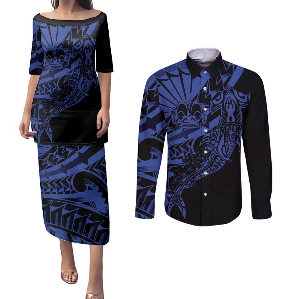 Blue Marquesas Islands Couples Matching Puletasi and Long Sleeve Button Shirt Marquesan Matatiki Hammerhead Shark Patutiki - Polynesian Pride