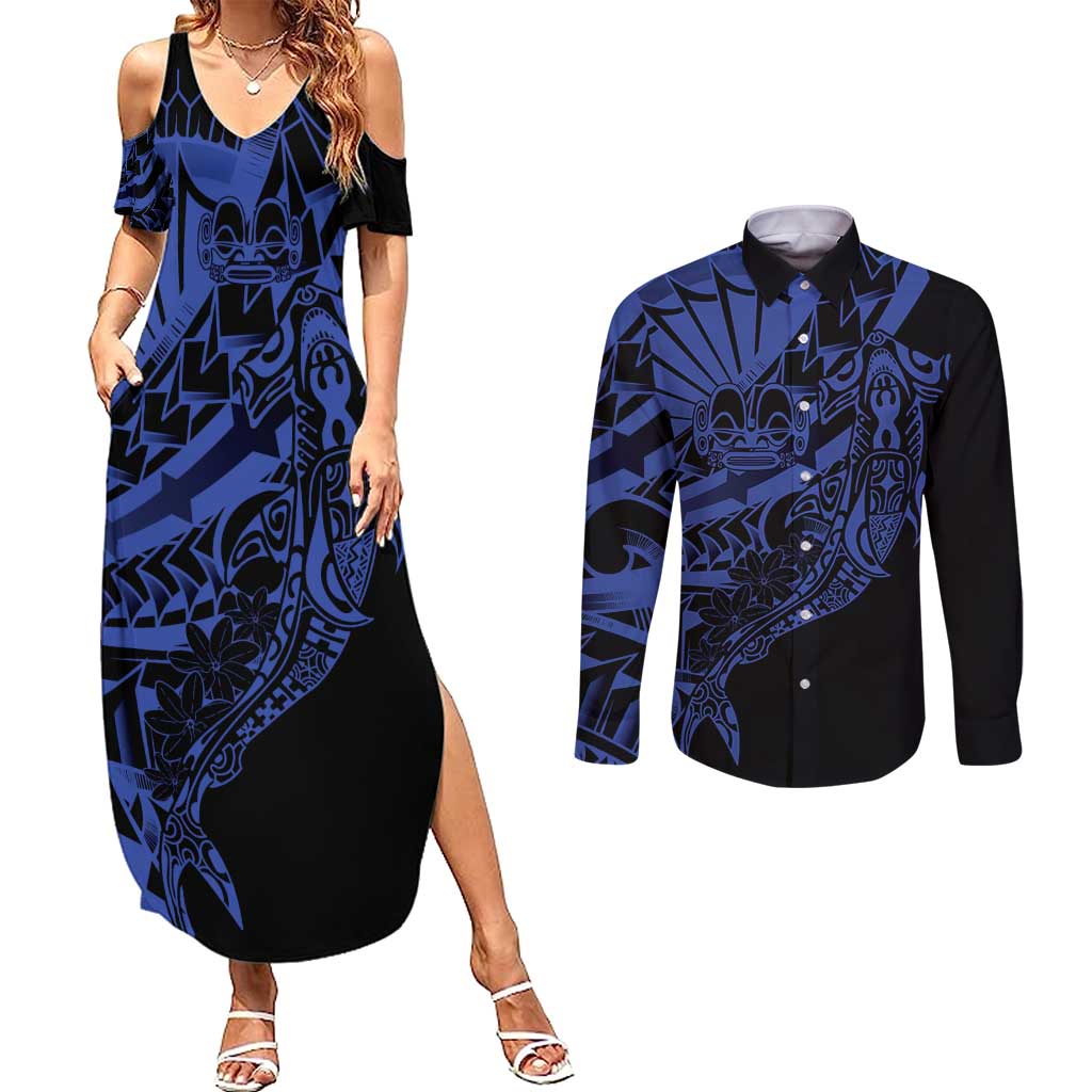 Blue Marquesas Islands Couples Matching Summer Maxi Dress and Long Sleeve Button Shirt Marquesan Matatiki Hammerhead Shark Patutiki - Polynesian Pride