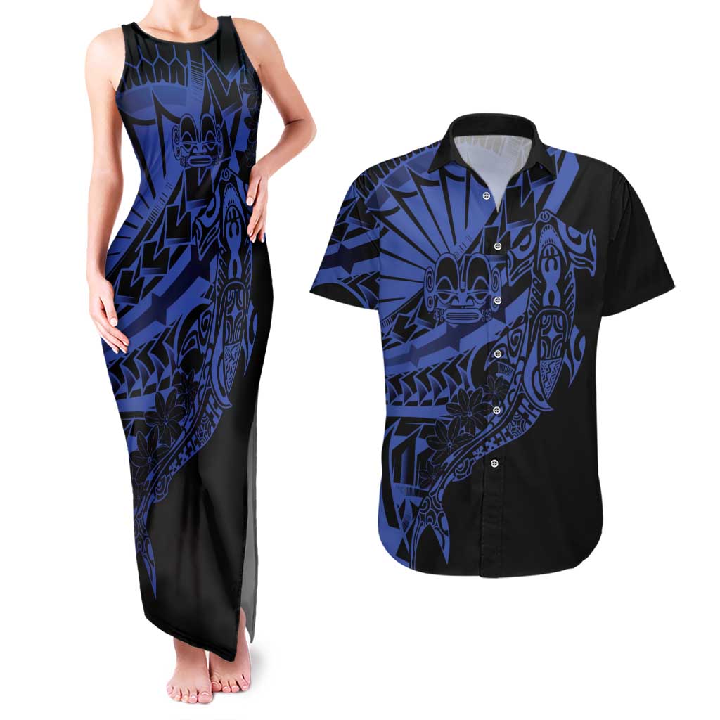 Blue Marquesas Islands Couples Matching Tank Maxi Dress and Hawaiian Shirt Marquesan Matatiki Hammerhead Shark Patutiki - Polynesian Pride