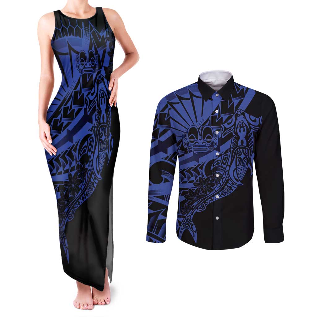 Blue Marquesas Islands Couples Matching Tank Maxi Dress and Long Sleeve Button Shirt Marquesan Matatiki Hammerhead Shark Patutiki - Polynesian Pride
