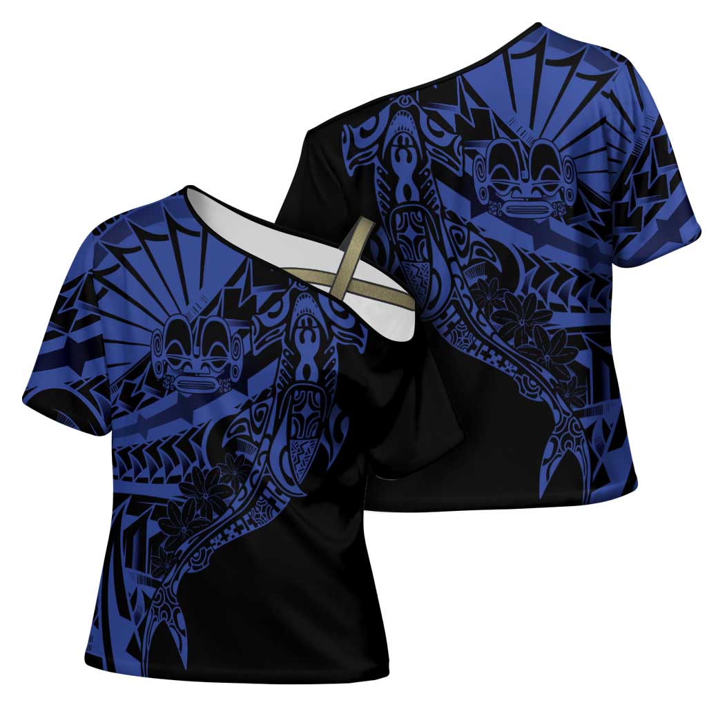 Blue Marquesas Islands Cross Shoulder Shirt Marquesan Matatiki Hammerhead Shark Patutiki - Polynesian Pride
