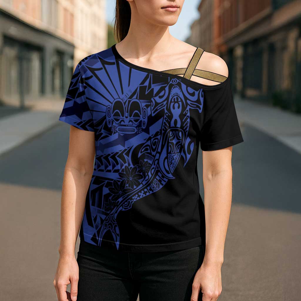 Blue Marquesas Islands Cross Shoulder Shirt Marquesan Matatiki Hammerhead Shark Patutiki - Polynesian Pride