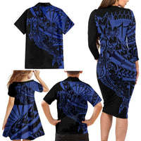 Blue Marquesas Islands Family Matching Long Sleeve Bodycon Dress and Hawaiian Shirt Marquesan Matatiki Hammerhead Shark Patutiki LT14 - Polynesian Pride