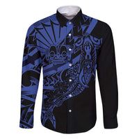 Blue Marquesas Islands Family Matching Long Sleeve Bodycon Dress and Hawaiian Shirt Marquesan Matatiki Hammerhead Shark Patutiki LT14 Dad's Shirt - Long Sleeve Blue - Polynesian Pride