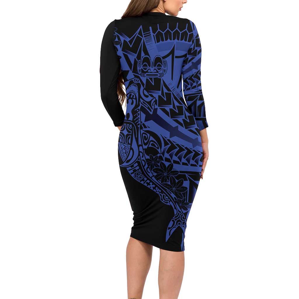 Blue Marquesas Islands Family Matching Long Sleeve Bodycon Dress and Hawaiian Shirt Marquesan Matatiki Hammerhead Shark Patutiki LT14 - Polynesian Pride