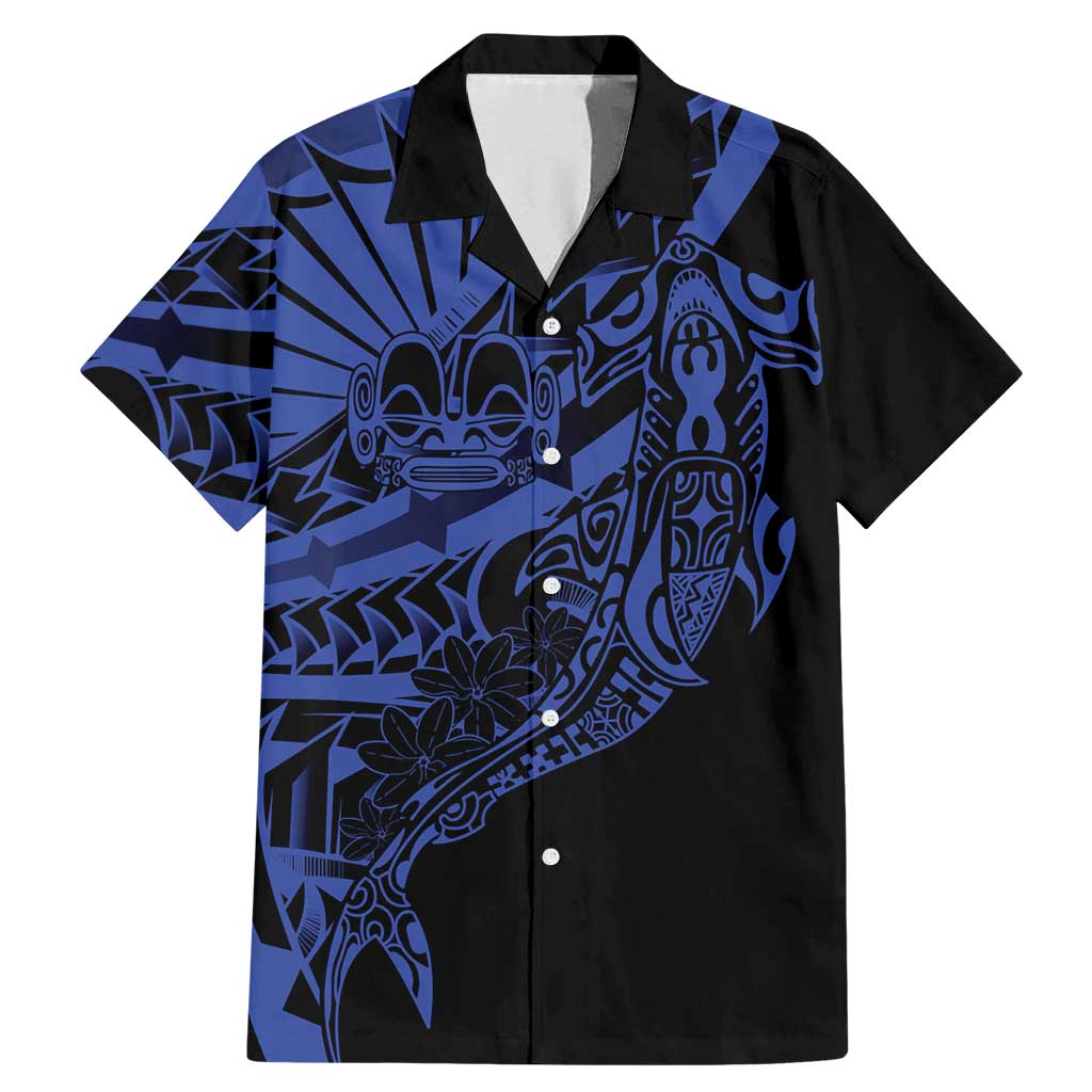 Blue Marquesas Islands Family Matching Mermaid Dress and Hawaiian Shirt Marquesan Matatiki Hammerhead Shark Patutiki LT14 Dad's Shirt - Short Sleeve Blue - Polynesian Pride