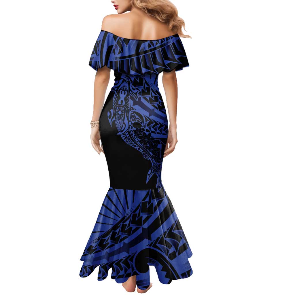 Blue Marquesas Islands Family Matching Mermaid Dress and Hawaiian Shirt Marquesan Matatiki Hammerhead Shark Patutiki LT14 - Polynesian Pride