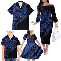 Blue Marquesas Islands Family Matching Off The Shoulder Long Sleeve Dress and Hawaiian Shirt Marquesan Matatiki Hammerhead Shark Patutiki LT14 - Polynesian Pride