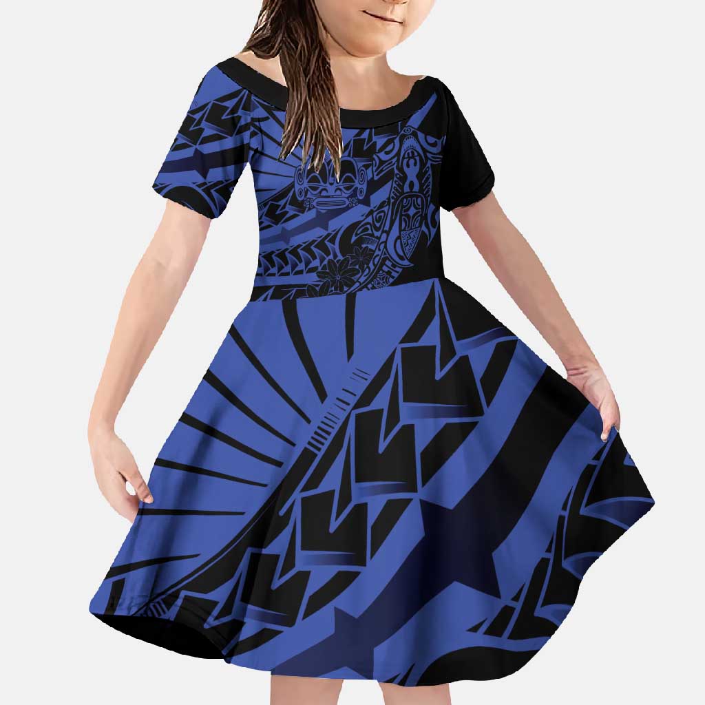 Blue Marquesas Islands Family Matching Off Shoulder Maxi Dress and Hawaiian Shirt Marquesan Matatiki Hammerhead Shark Patutiki LT14 Daughter's Dress Blue - Polynesian Pride