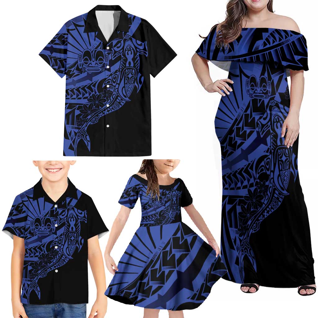Blue Marquesas Islands Family Matching Off Shoulder Maxi Dress and Hawaiian Shirt Marquesan Matatiki Hammerhead Shark Patutiki LT14 - Polynesian Pride