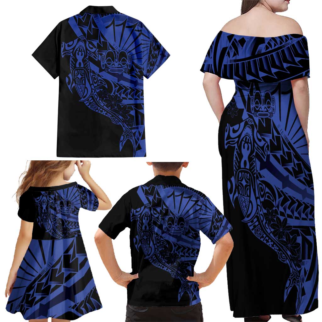 Blue Marquesas Islands Family Matching Off Shoulder Maxi Dress and Hawaiian Shirt Marquesan Matatiki Hammerhead Shark Patutiki LT14 - Polynesian Pride