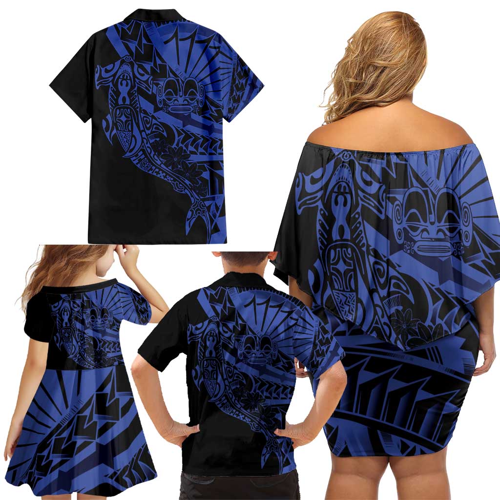 Blue Marquesas Islands Family Matching Off Shoulder Short Dress and Hawaiian Shirt Marquesan Matatiki Hammerhead Shark Patutiki LT14 - Polynesian Pride