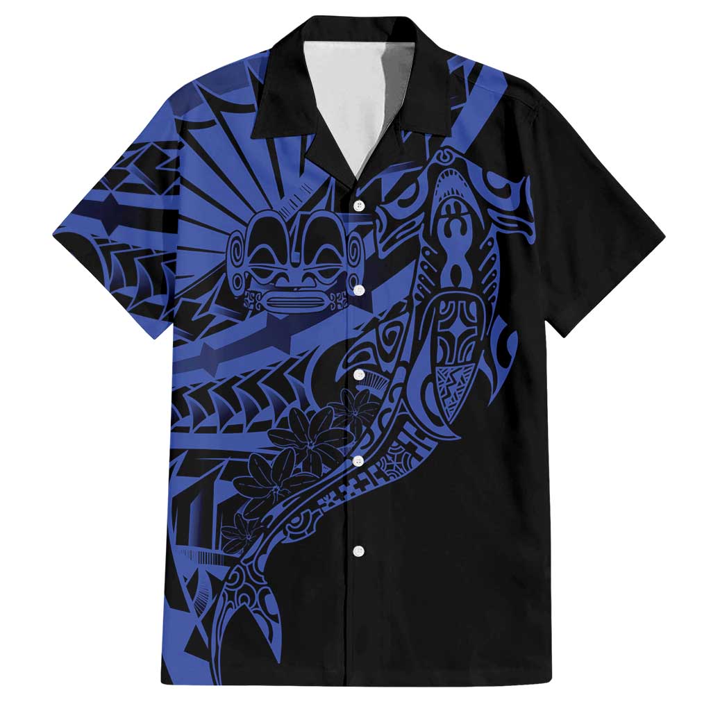 Blue Marquesas Islands Family Matching Off Shoulder Short Dress and Hawaiian Shirt Marquesan Matatiki Hammerhead Shark Patutiki LT14 Dad's Shirt - Short Sleeve Blue - Polynesian Pride