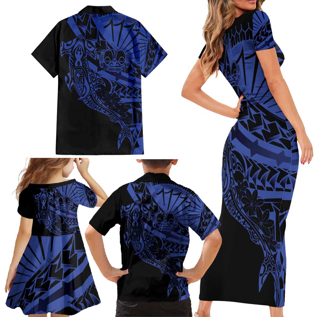 Blue Marquesas Islands Family Matching Short Sleeve Bodycon Dress and Hawaiian Shirt Marquesan Matatiki Hammerhead Shark Patutiki LT14 - Polynesian Pride