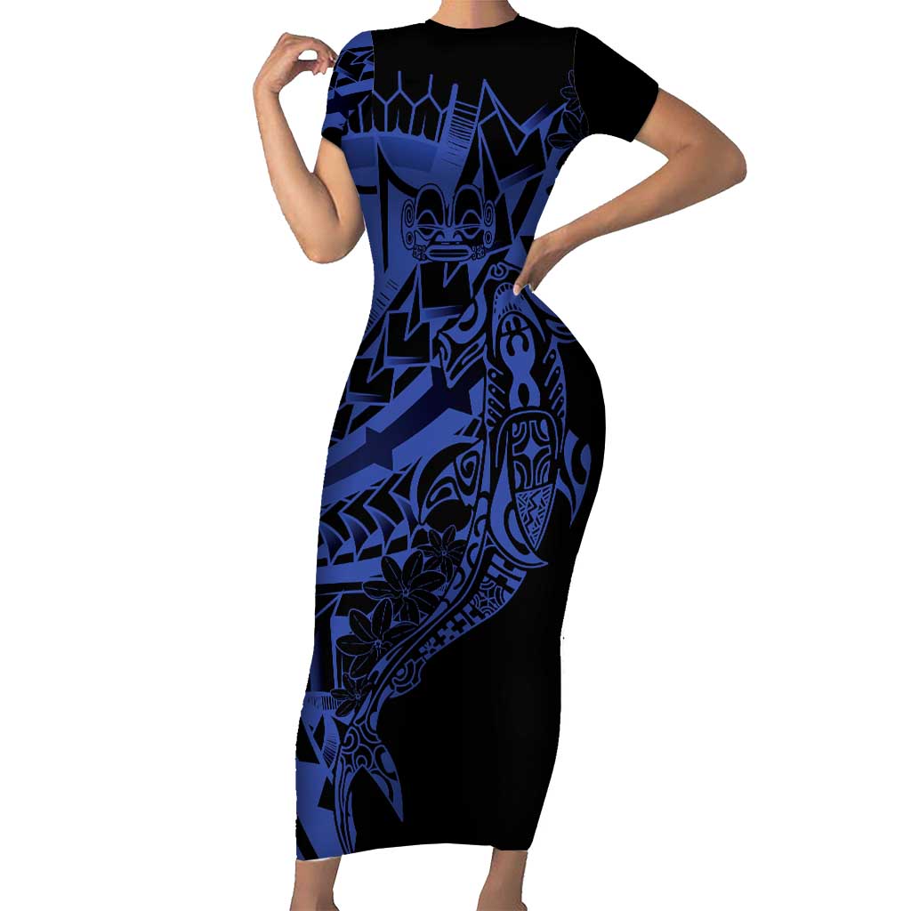 Blue Marquesas Islands Family Matching Short Sleeve Bodycon Dress and Hawaiian Shirt Marquesan Matatiki Hammerhead Shark Patutiki LT14 Mom's Dress Blue - Polynesian Pride