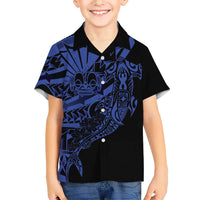 Blue Marquesas Islands Family Matching Short Sleeve Bodycon Dress and Hawaiian Shirt Marquesan Matatiki Hammerhead Shark Patutiki LT14 Son's Shirt Blue - Polynesian Pride